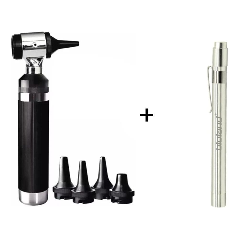 Kit Otoscópio TK Profissional Led Com Estojo E Pilhas + Lanterna Clínica Médica De Led Com Clipe De Bolso E Pilhas