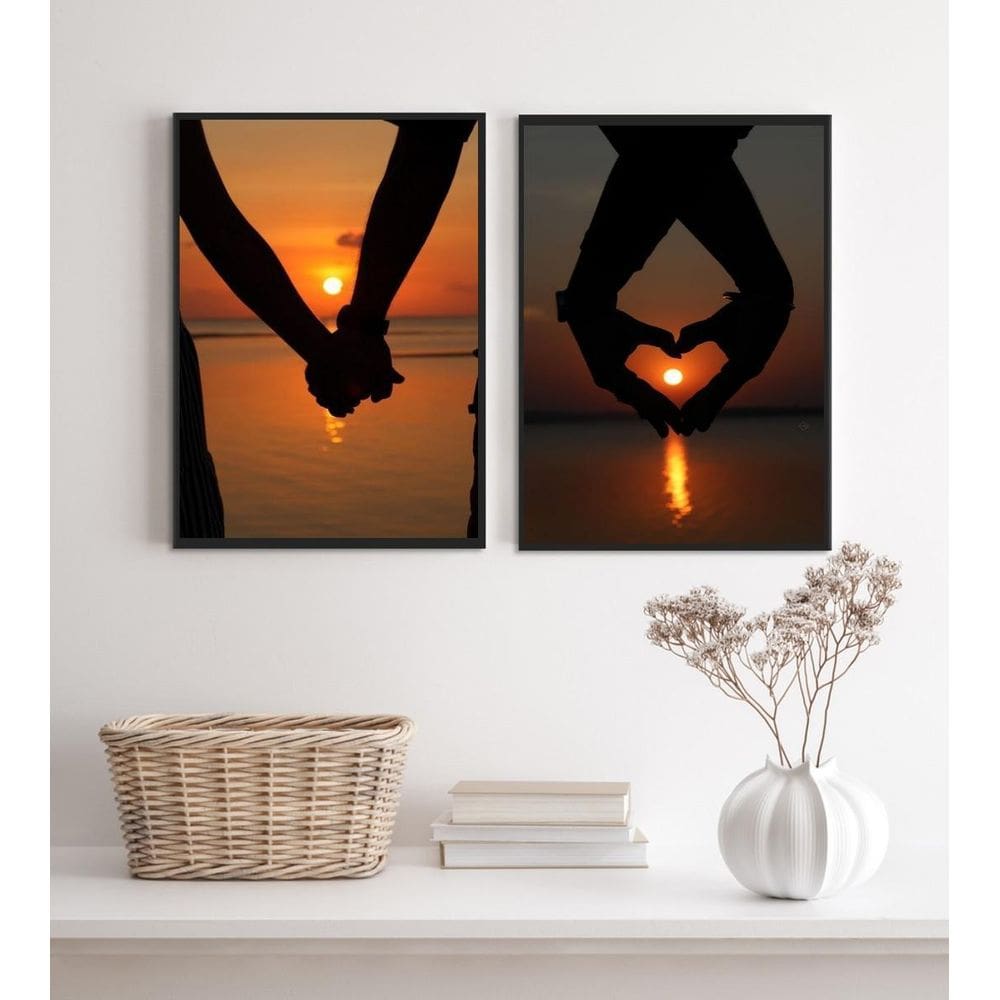 Kit 2 Quadros Decorativos Casal Por Do Sol Praia 33X24Cm