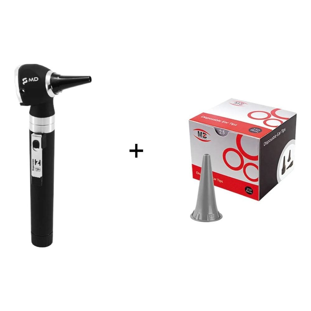 Otoscópio MD Preto Com 10 Espéculos + 1 Caixa De Espéculos MD 2,5mm Com 250 Unidades