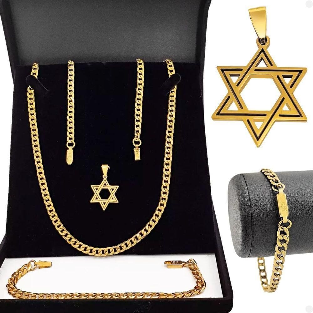 Pulseira + Pingente Estrela Davi + Corrente Dourada Aço