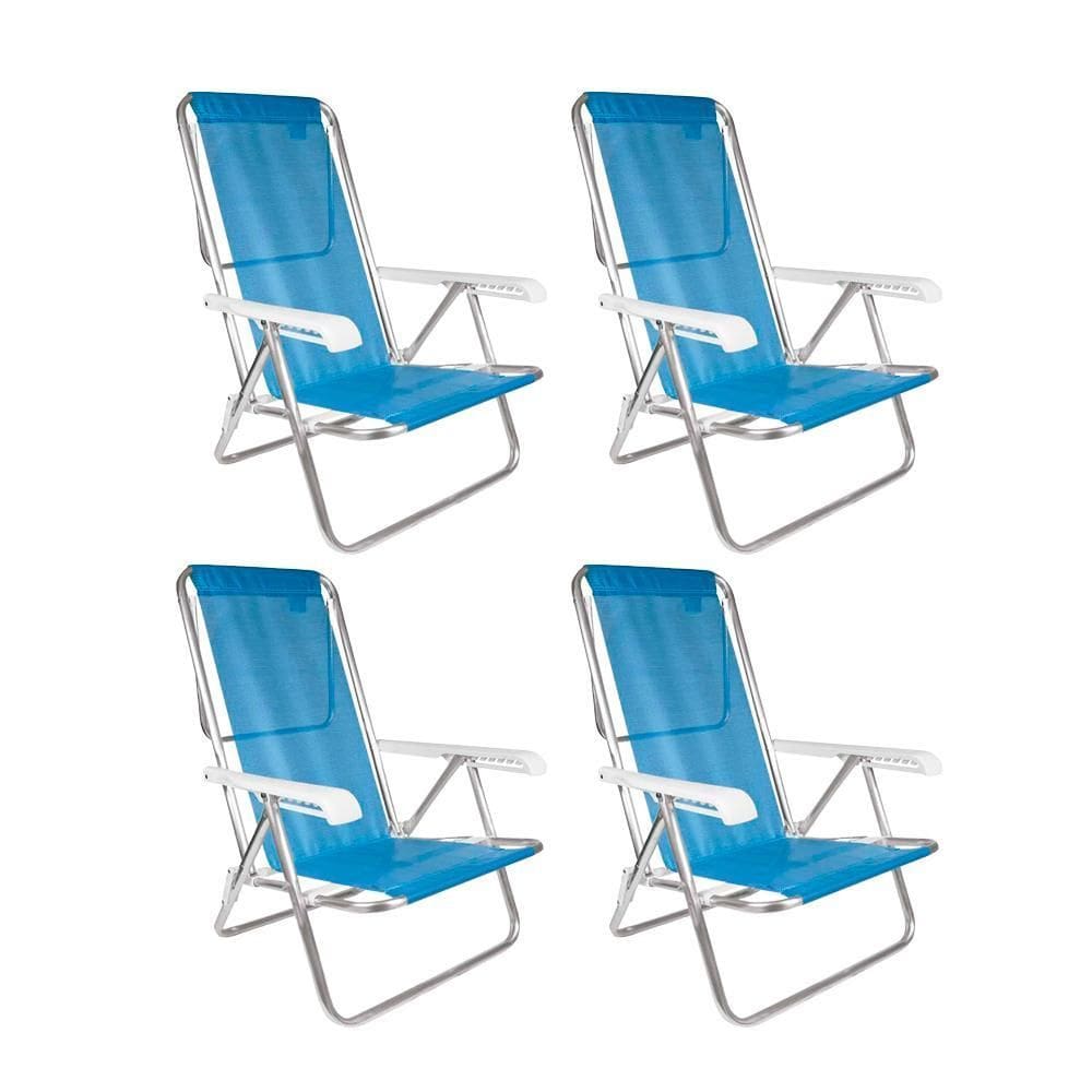 Kit 4 Cadeiras Praia Reclinável 8 Posições Alumínio Azul Mor