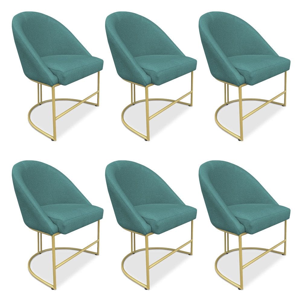 Kit 06 Cadeiras Poltrona de Jantar Bela Suede Azul Turquesa Base Metálica Industrial Dourado - Pallazio