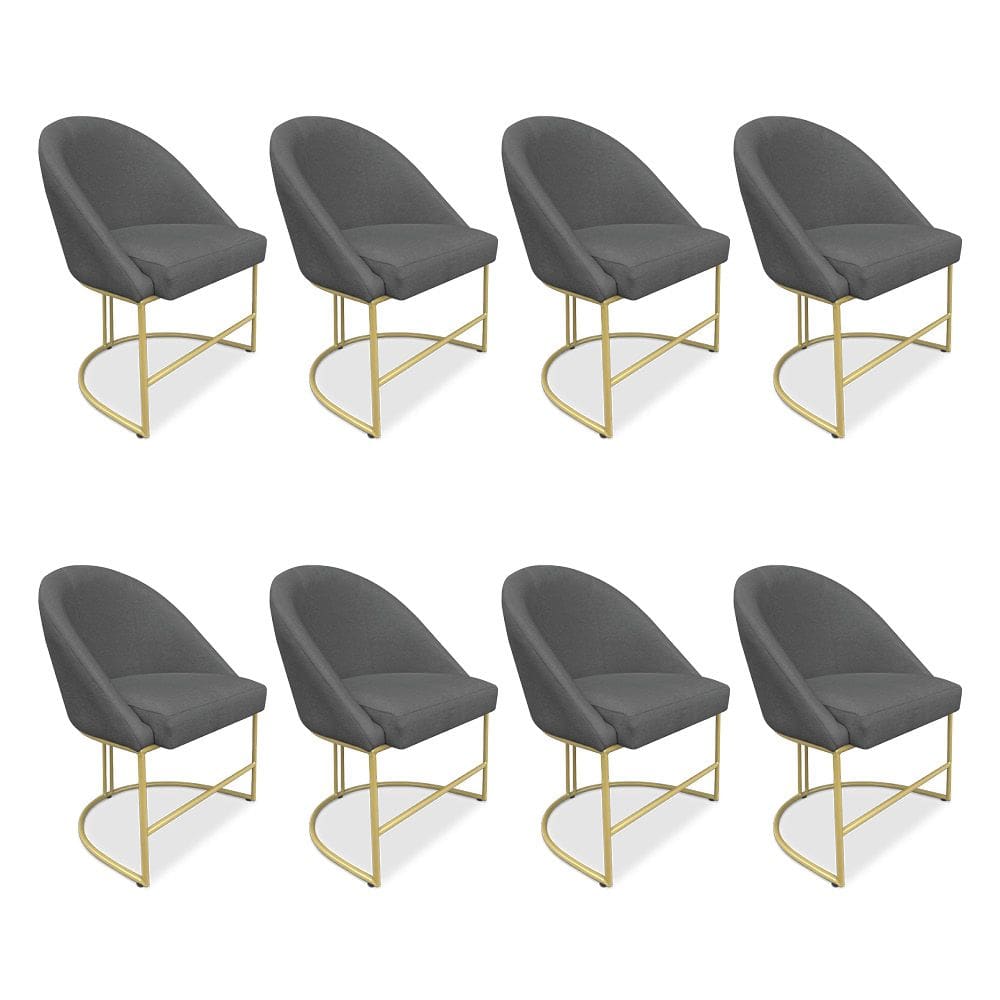 Kit 08 Cadeiras Poltrona de Jantar Bela Suede Grafite Base Metálica Industrial Dourado - Pallazio