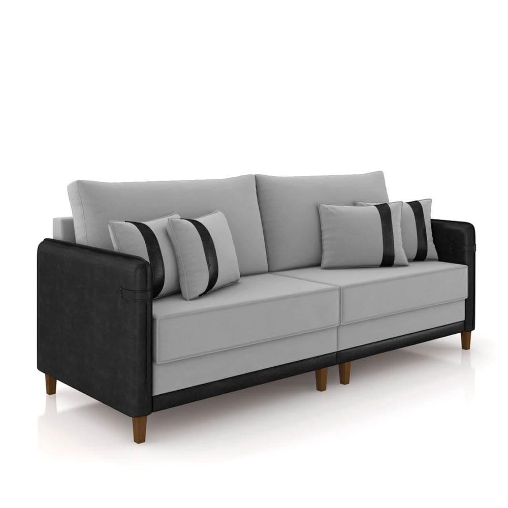Sofá 3 Lugares Living 192cm Pé Madeira Valença Pto/Veludo Cinza K01 - D`Rossi
