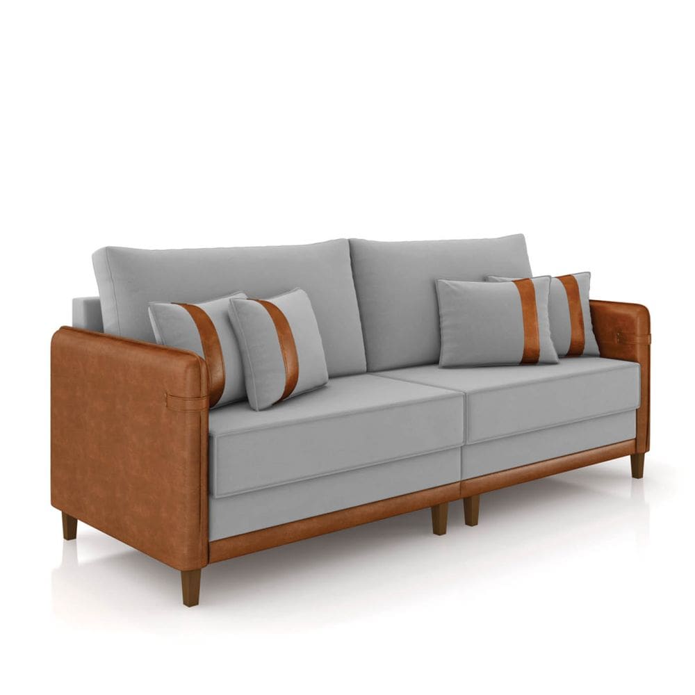 Sofá 3 Lugares Living 192cm Pé Madeira Valença Nozes/Veludo Cinza K01 - D`Rossi