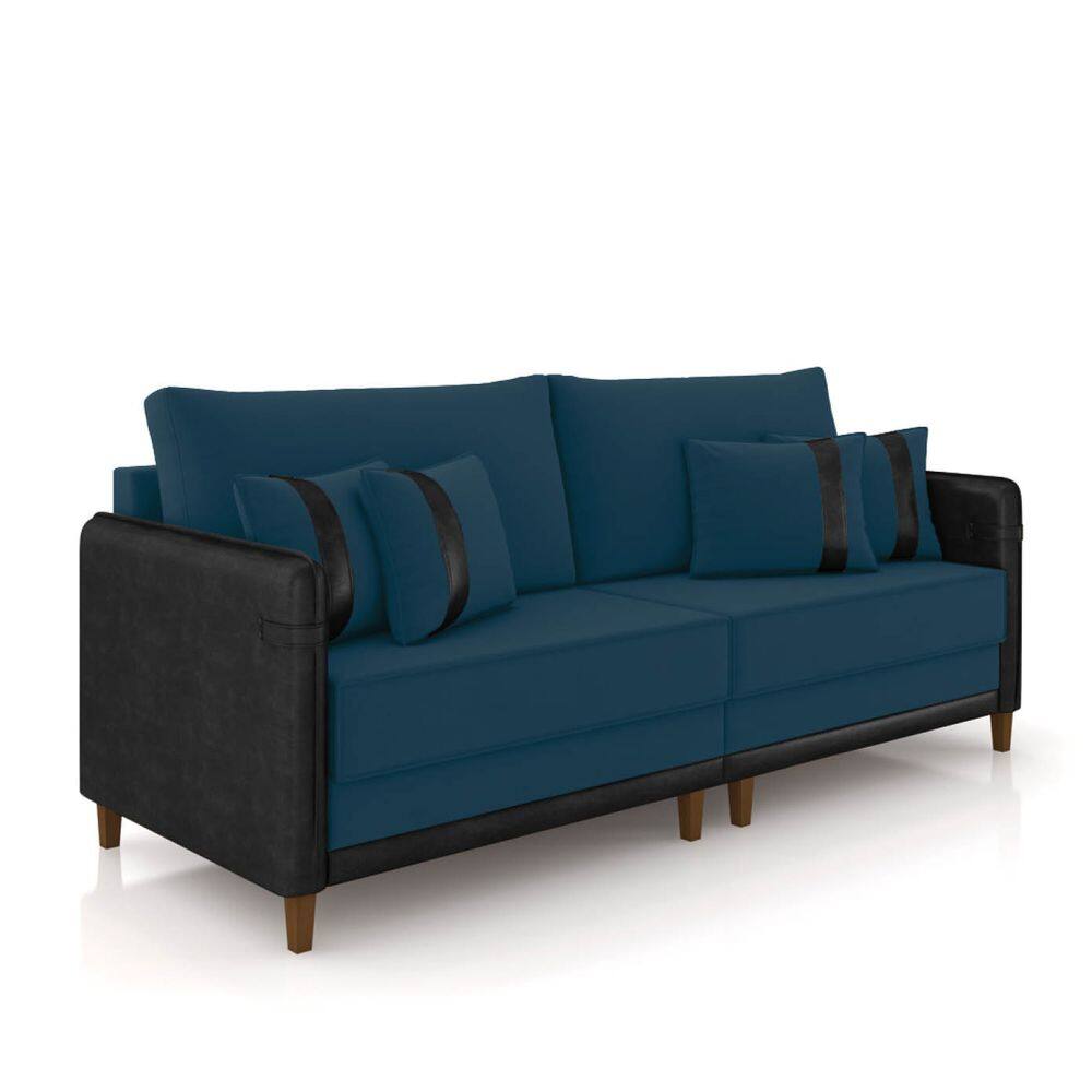 Sofá 3 Lugares Living 192cm Pé Madeira Valença Pto/Veludo Azul K01 - D`Rossi