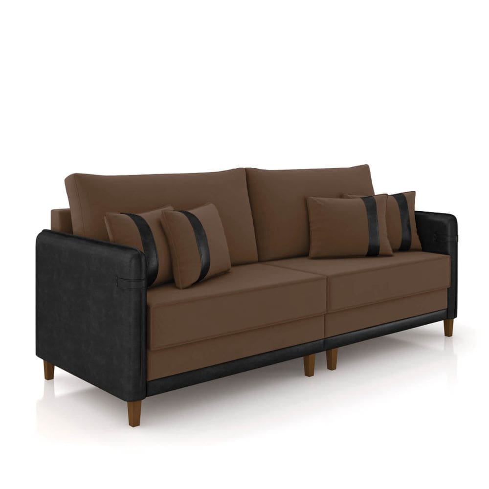 Sofá 3 Lugares Living 192cm Pé Madeira Valença Pto/Veludo Marrom K01 - D`Rossi