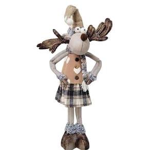 Rena Em Pé Rústico Cinza e Marrom, Saia Xadrez, Braços e Gorro Maleável 60cm - Cromus