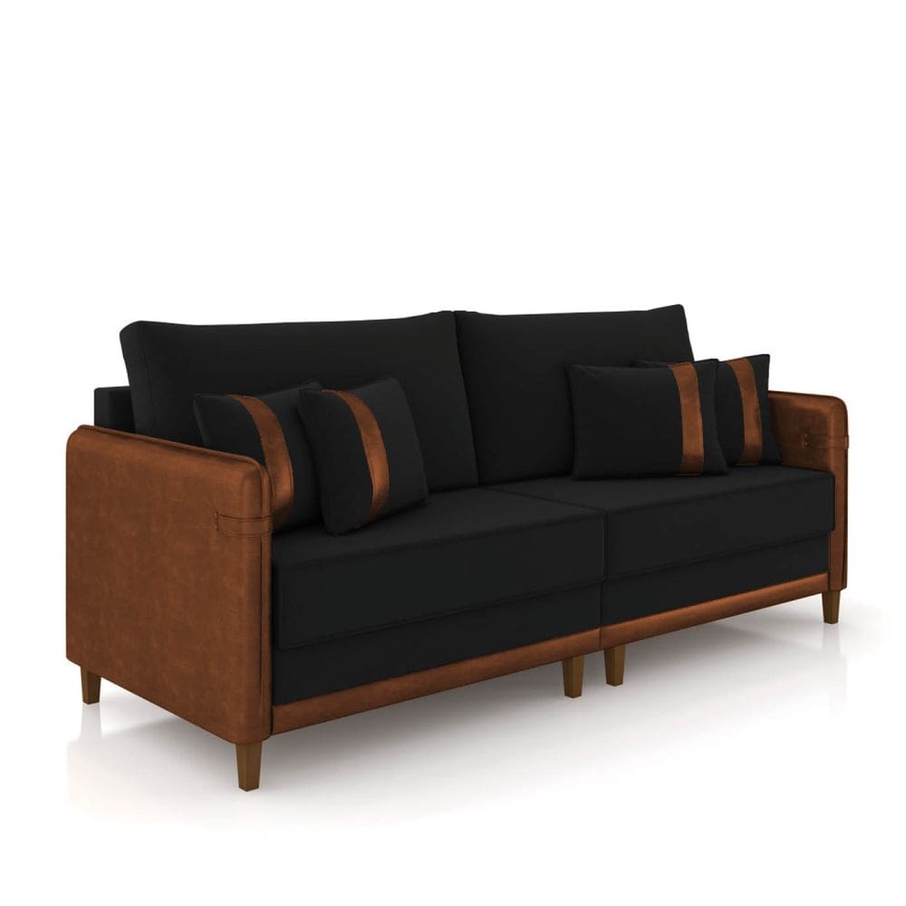 Sofá 2 Lugares Living 172cm Pé Madeira Valença Marrom/Veludo Preto K01 - D`Rossi