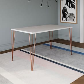 Mesa de Jantar Pés Hairpin Clips Elen 150x90cm Tampo Branco com Base Cobre