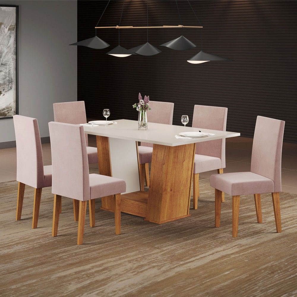 Mesa de Jantar 6 Lugares Venus Marrom/Blonde/Veludo/Rosa - Viero Móveis