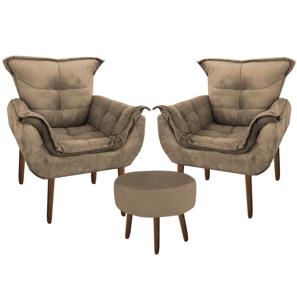 Kit 2 Poltronas Decorativa Parana com Puff Redondo Suede Capuccino