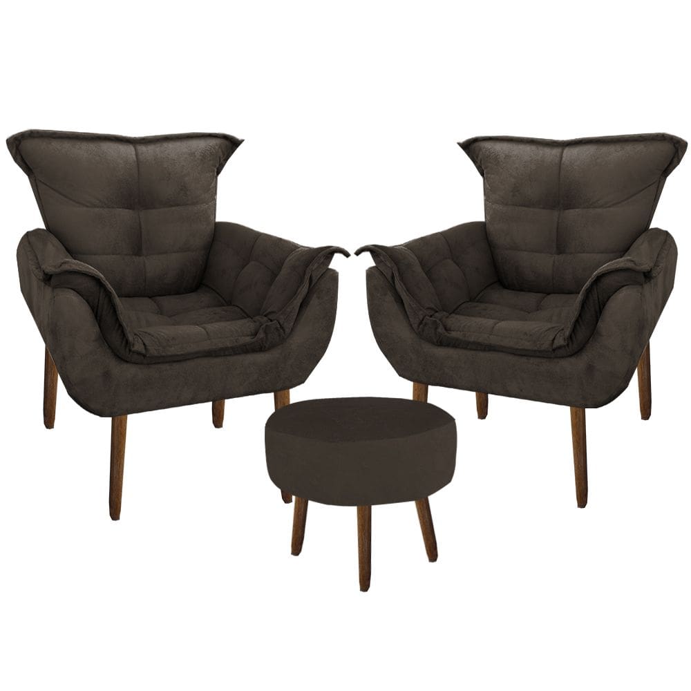 Kit 2 Poltronas Decorativa Parana com Puff Redondo Suede Marrom
