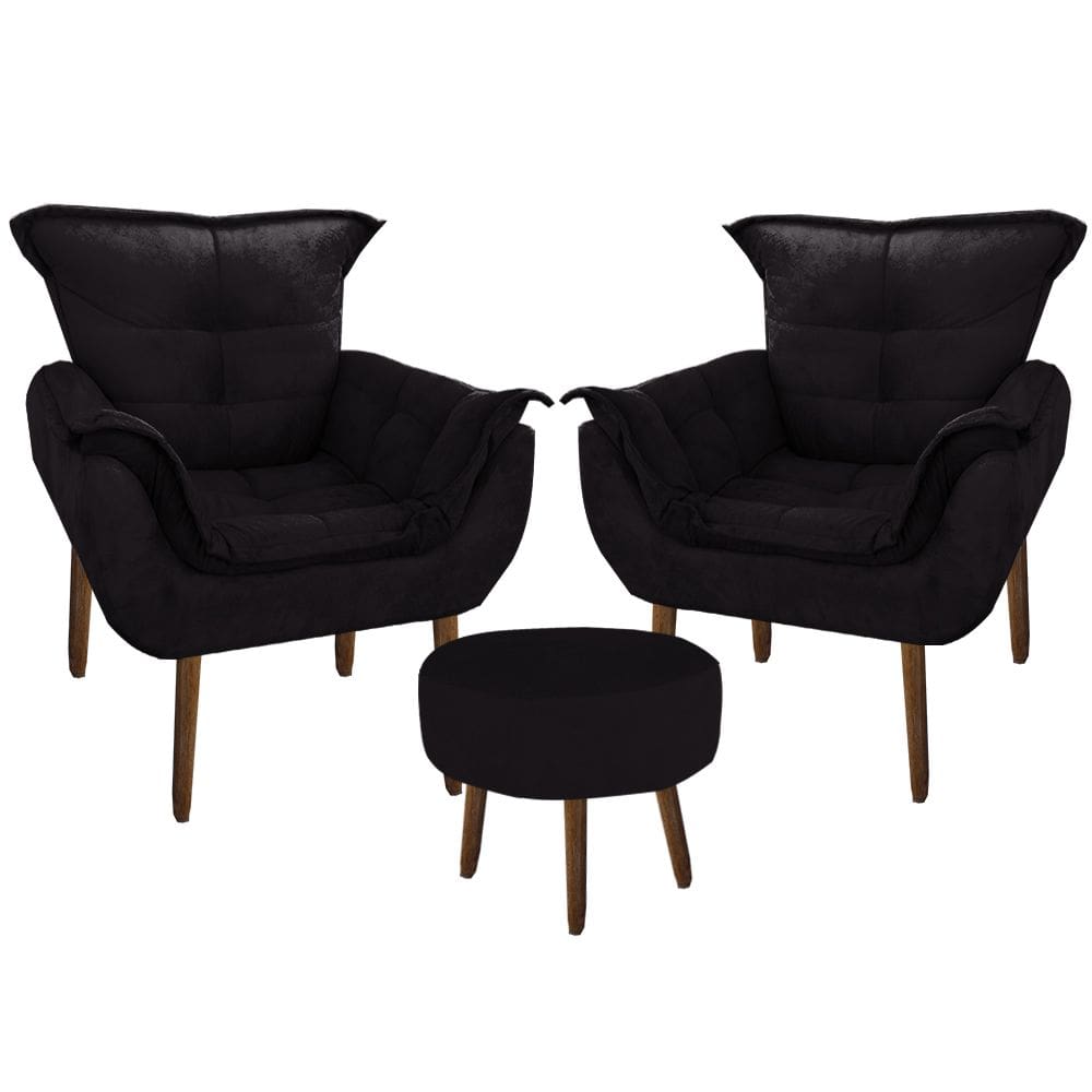 Kit 2 Poltronas Decorativa Parana com Puff Redondo Suede Preto