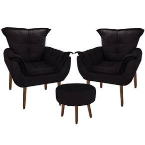 Kit 2 Poltronas Decorativa Parana com Puff Redondo Suede Preto