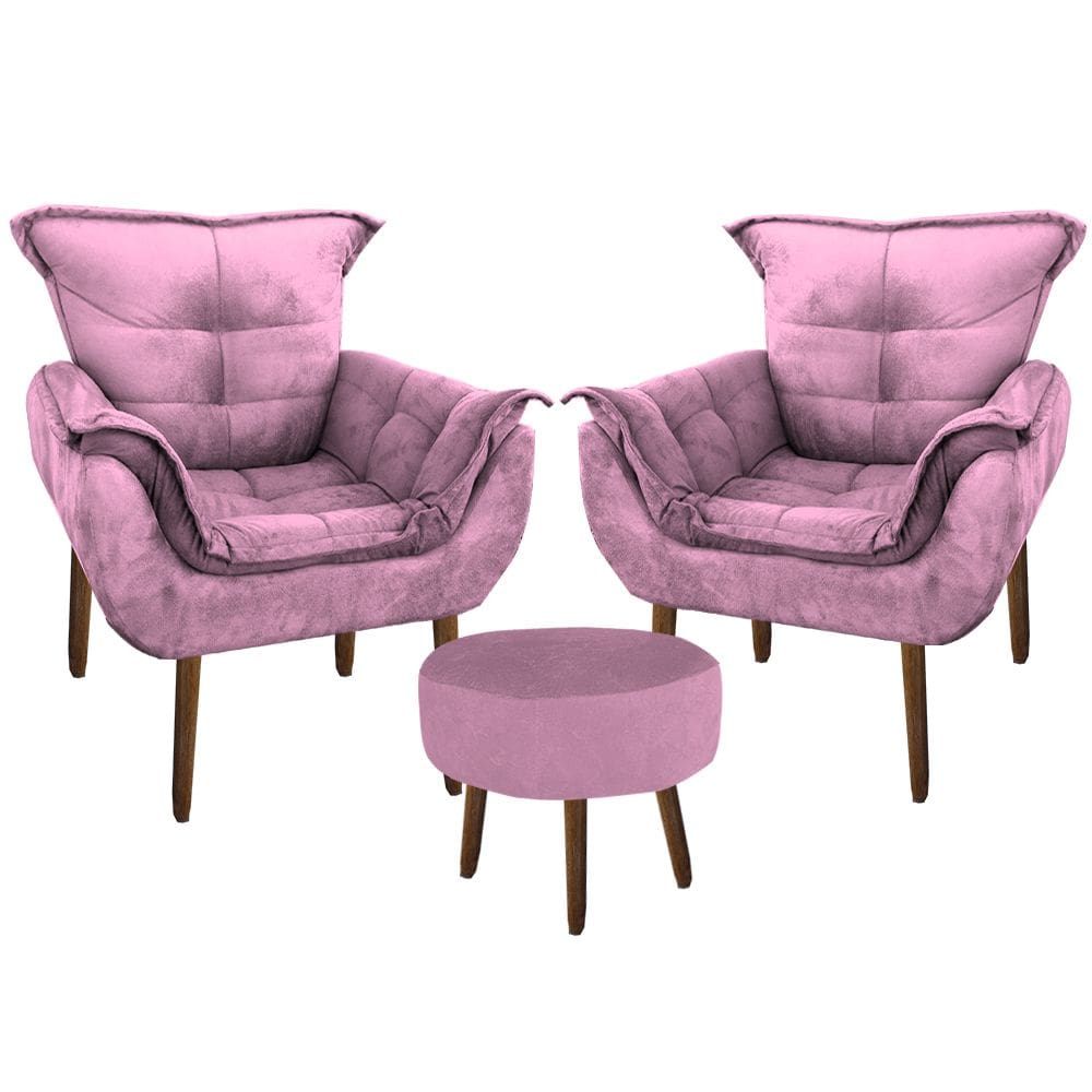 Kit 2 Poltronas Decorativa Parana com Puff Redondo Suede Rosa
