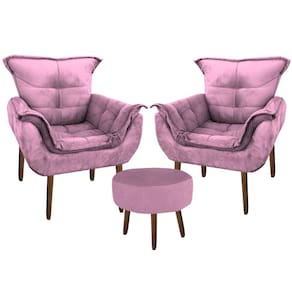 Kit 2 Poltronas Decorativa Parana com Puff Redondo Suede Rosa