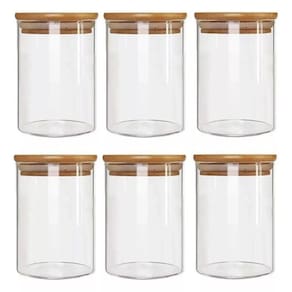 Kit com 6 Potes 600ml Hermético de Vidro Com Tampa De Bambu