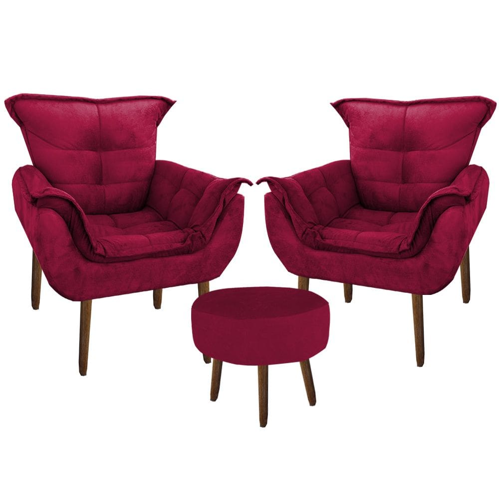 Kit 2 Poltronas Decorativa Parana com Puff Redondo Suede Vermelho