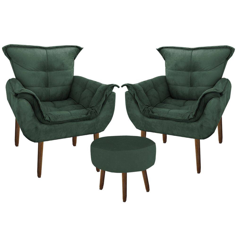 Kit 2 Poltronas Decorativa Parana com Puff Redondo Suede Verde