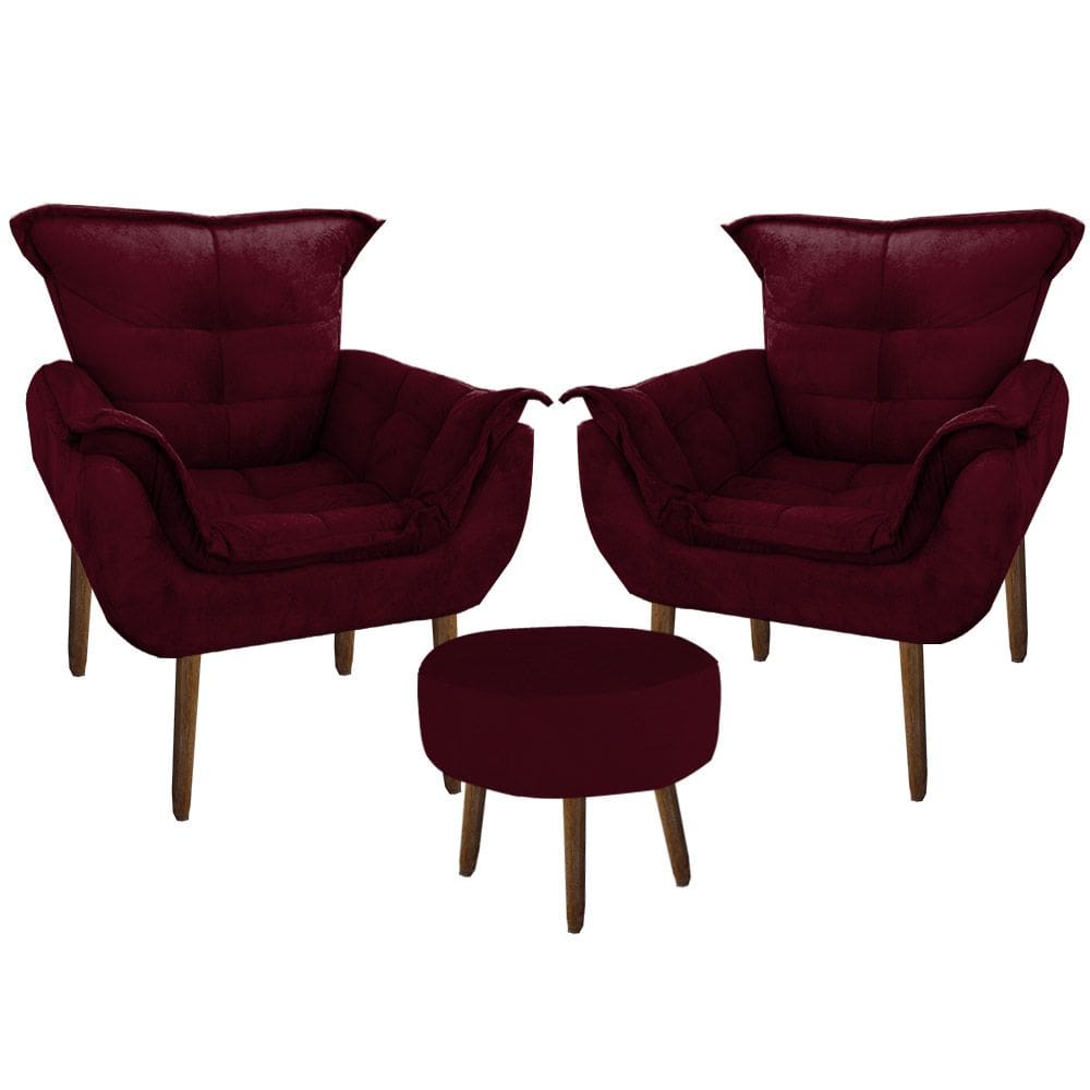 Kit 2 Poltronas Decorativa Parana com Puff Redondo Suede Bordo