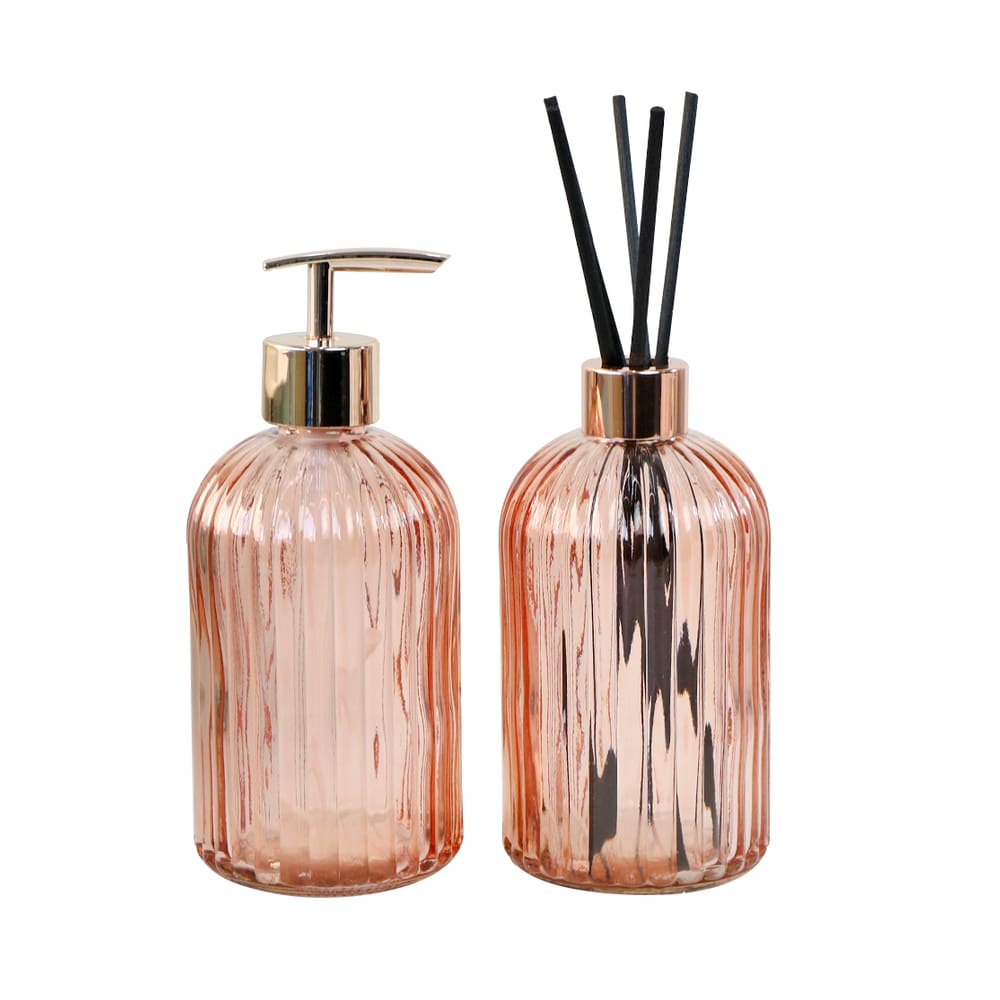 Kit Difusor Com Porta Sabonete Liquido De Vidro Em Alto Relêvo Decorativo Lavabo 400Ml