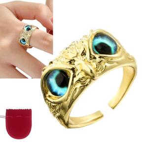 Anel Dourado Banhado A Ouro 18K Coruja Olho Azul Ajustável