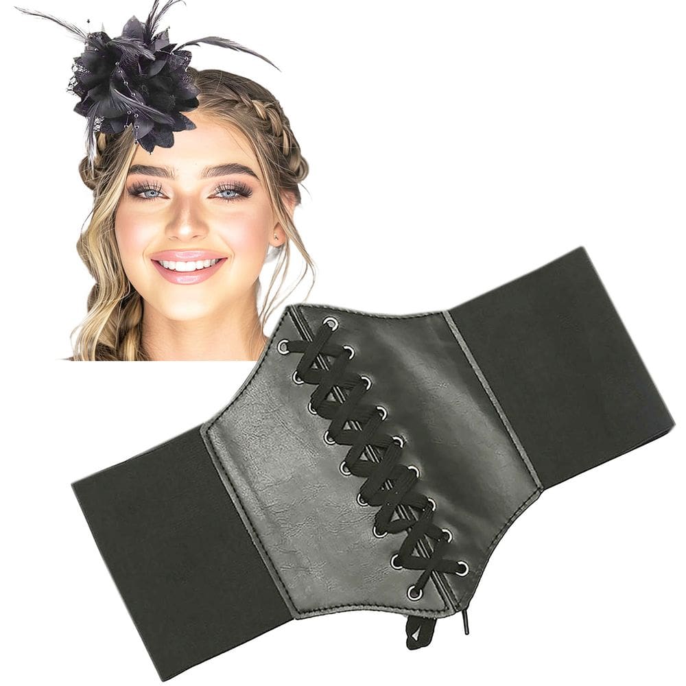 Cinto Gótico Corselet Espartilho + Flor Cabelo e Broche: Acessório para Fantasia Festa Halloween
