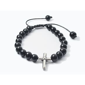 Pulseira De Bolinha Preta Murano 8Mm Crucifixo Regulável