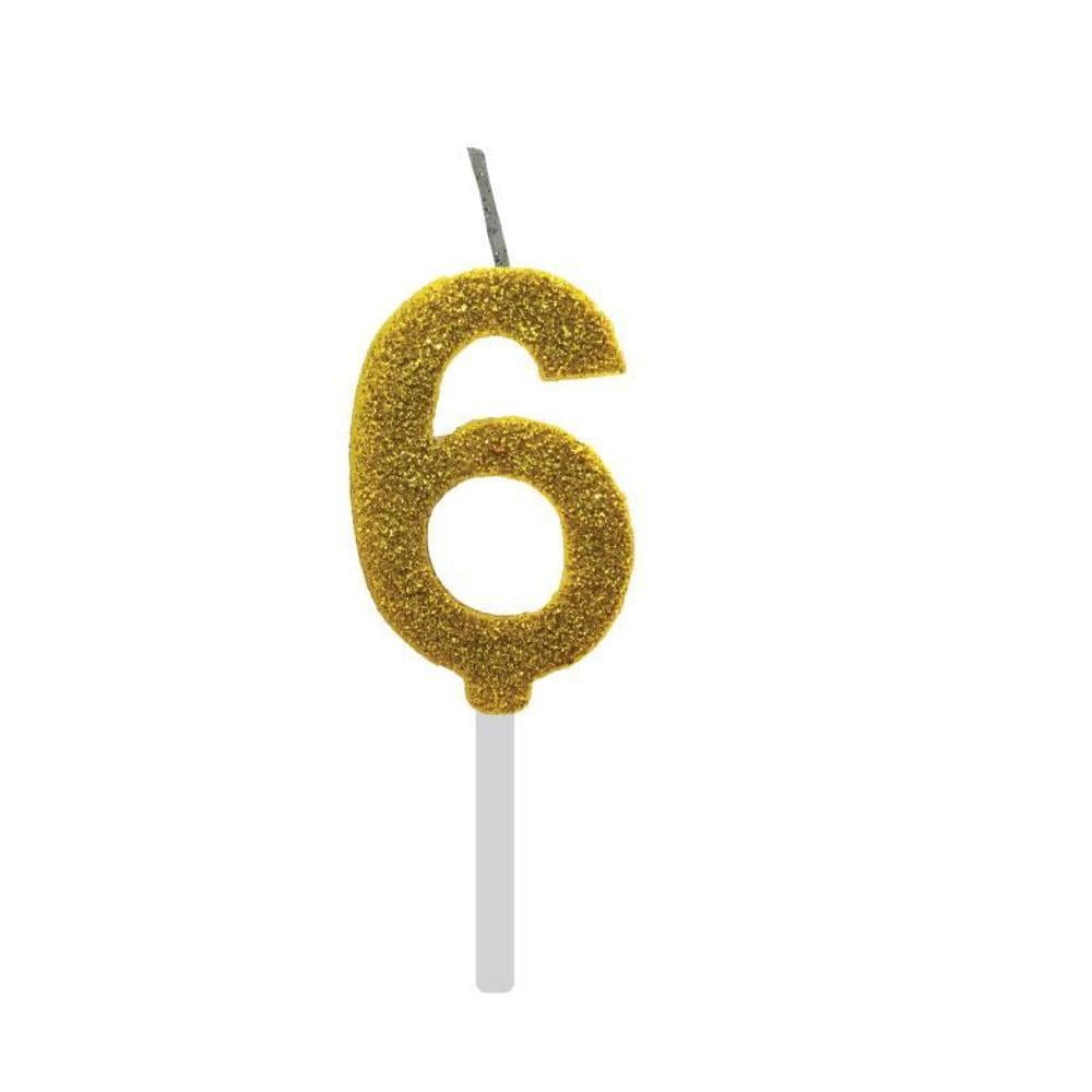 Vela De Aniversário 6 Dourada Glitter Com Base