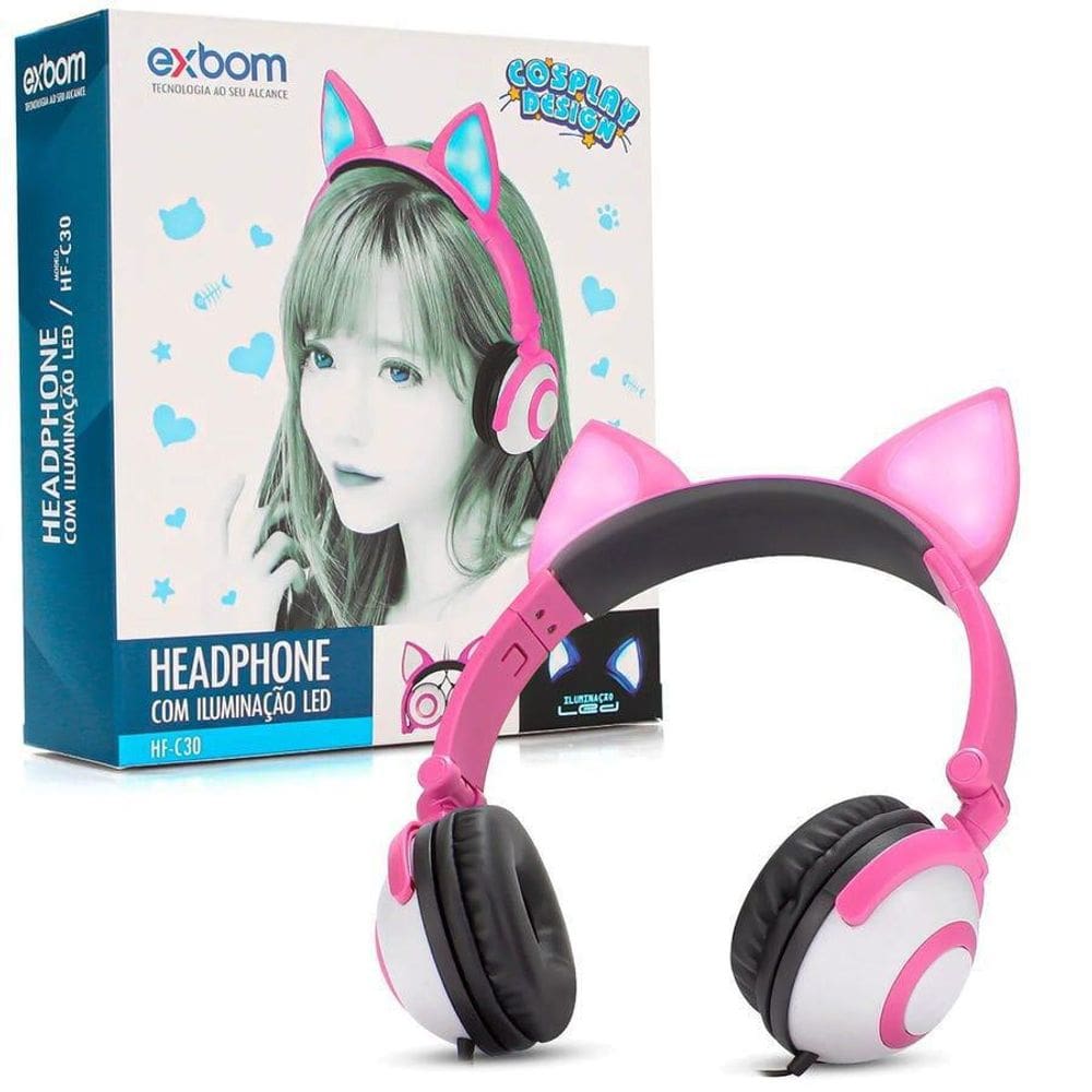 Fone De Ouvido Led Orelha Gato Gatinha P2 Headphone Rosa