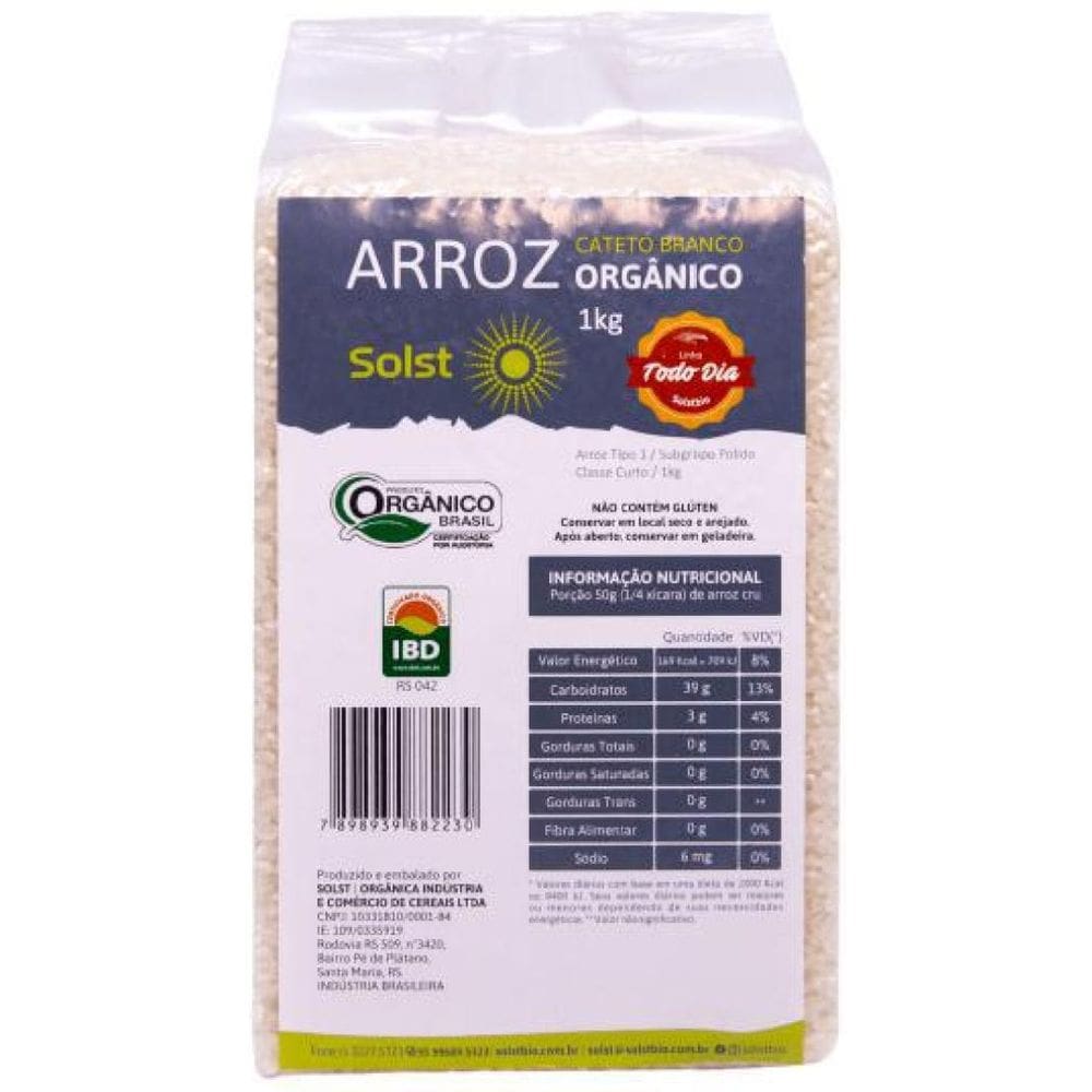 Arroz Cateto Orgânico Branco  Tipo Japonês  Vácuo Solst 1 Kg