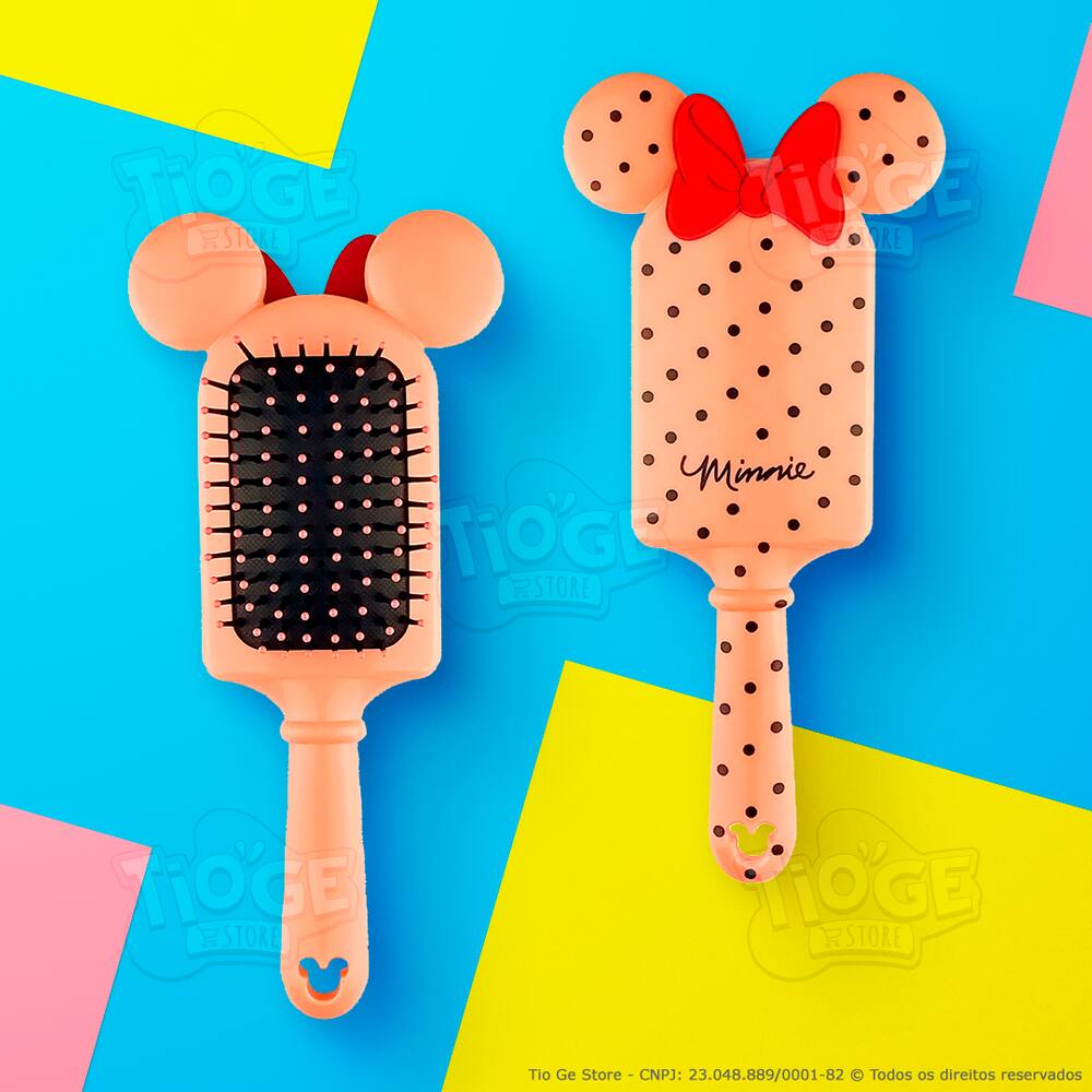 Escova de Cabelo Minnie Mouse Fofa Infantil Desembaraçante Almofada Cerda Ultramacia Orelhinha 3D Laço Vermelho Cor Nude