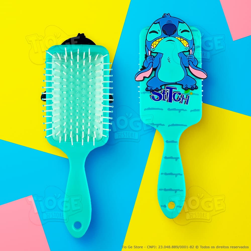 Escova de Cabelo Stitch Fofa Infantil Desembaraçante Almofada Cerdas Ultramacias Aplique Emborrachado 3D Turquesa