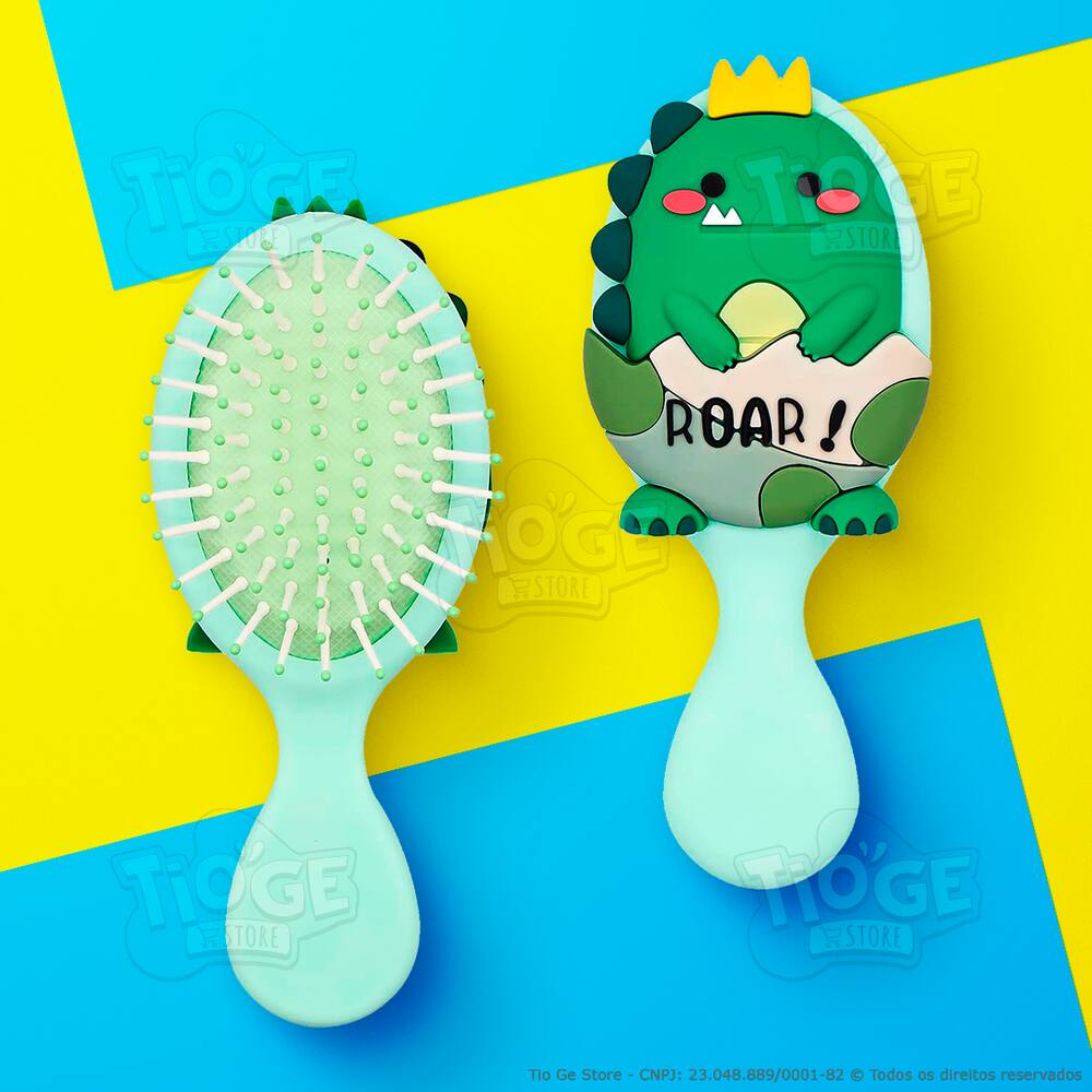 Escova de Cabelo Mini Dinossauro Fofa Infantil Desembaraçante Almofada Cerdas Ultramacias Verde