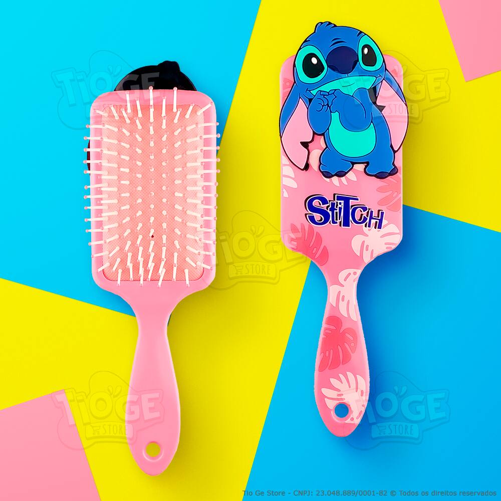 Escova de Cabelo Stitch Fofa Infantil Desembaraçante Almofada Cerdas Ultramacias Aplique Emborrachado 3D Rosa