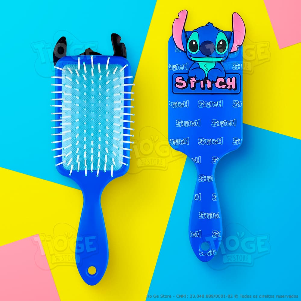 Escova de Cabelo Stitch Fofa Infantil Desembaraçante Almofada Cerdas Ultramacias Aplique Emborrachado 3D Azul