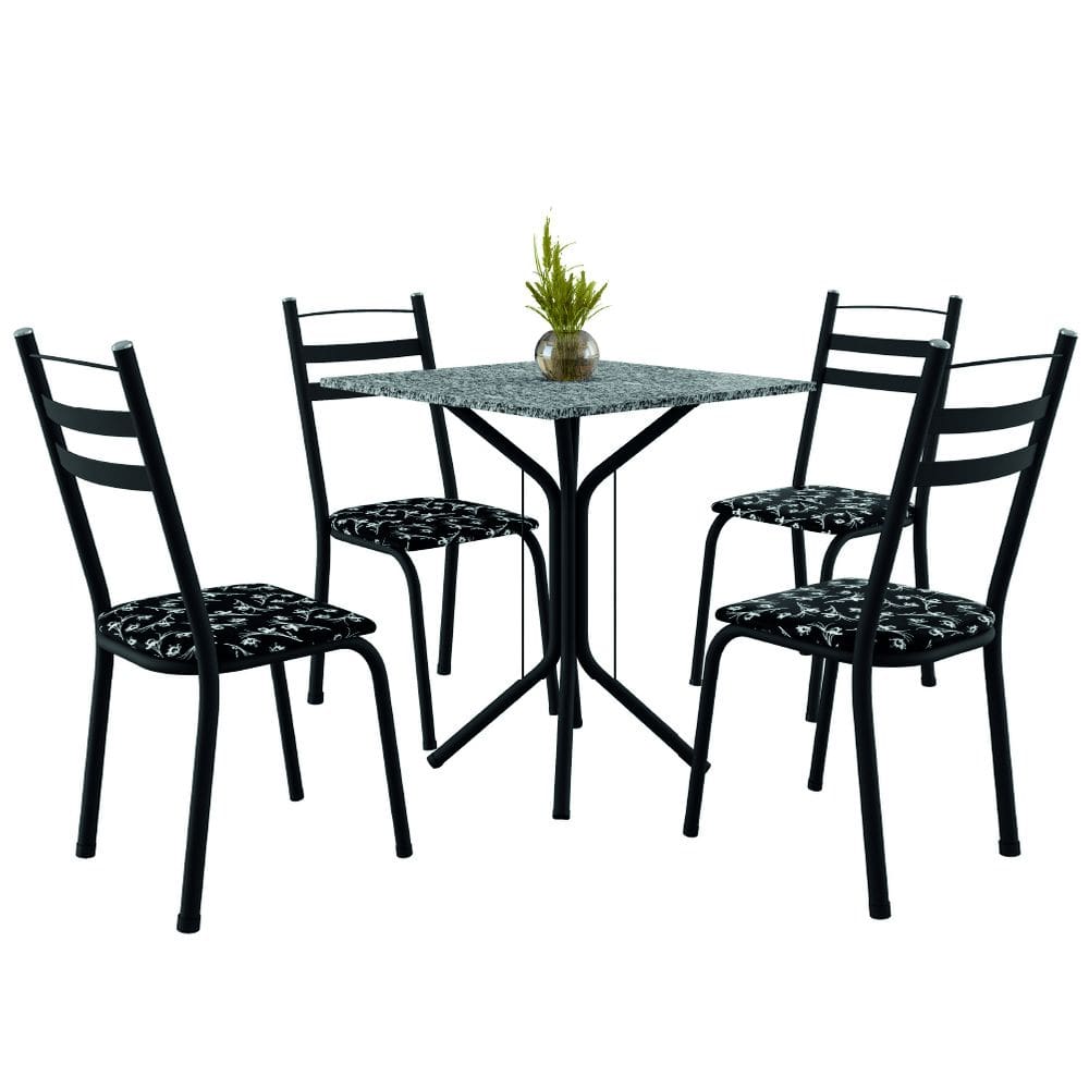 Conjunto Sala De Jantar Mesa Thais Com 4 Cadeiras 0,70m Granito Ocre Preto/Floral Artefamol