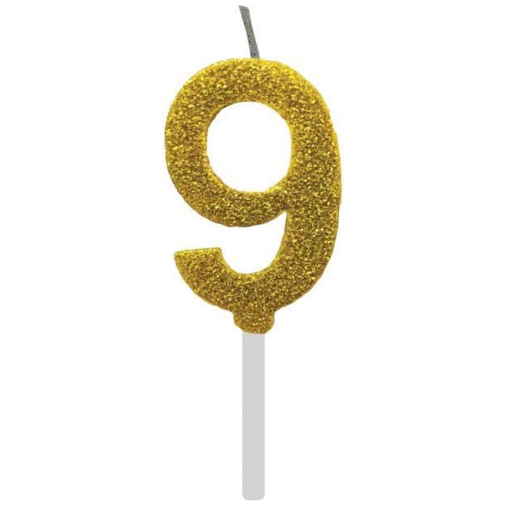 Vela De Aniversário 9 Dourada Glitter Com Base