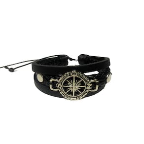 Pulseira Masculina Feminina De Couro Preto Bússola Regulável