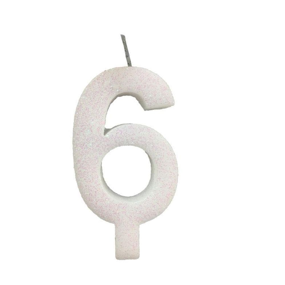 Vela De Aniversário 6 Branca Glitter