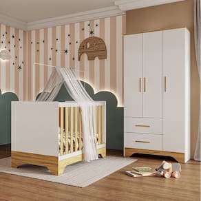 Quarto de Bebê com Guarda-roupa e Berço Minicama 100% Mdf Liam Espresso Móveis Branco Brilho/Amêndoa