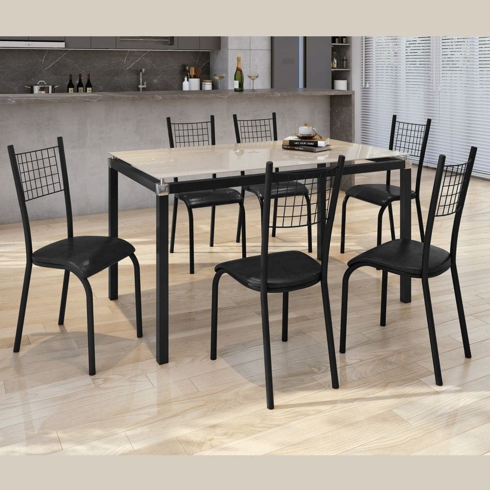 Conjunto Sala de Jantar 6 Cadeiras Mesa 140x75cm Tampo Vidro Bella Preto / Off White
