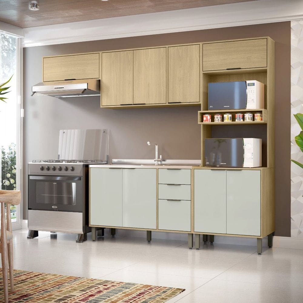 Cozinha Modulada Glória 4 Peças com Aéreo 1200 3 Portas e Torre 2 Fornos Castanho/Off White