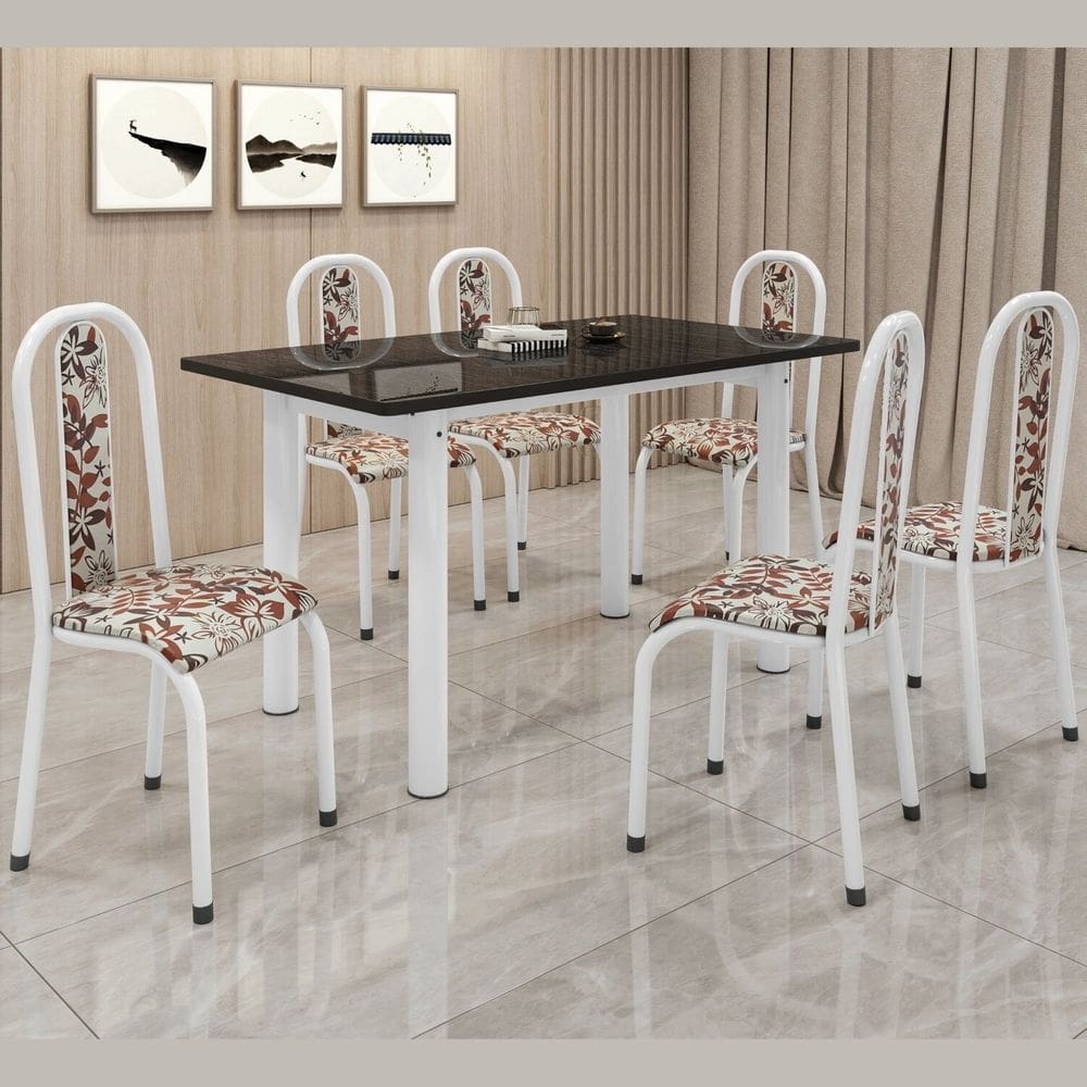 Conjunto Sala de Jantar 6 Cadeiras Mesa 140x75cm Tampo Ardósia Indiano Sofia Branco / Home