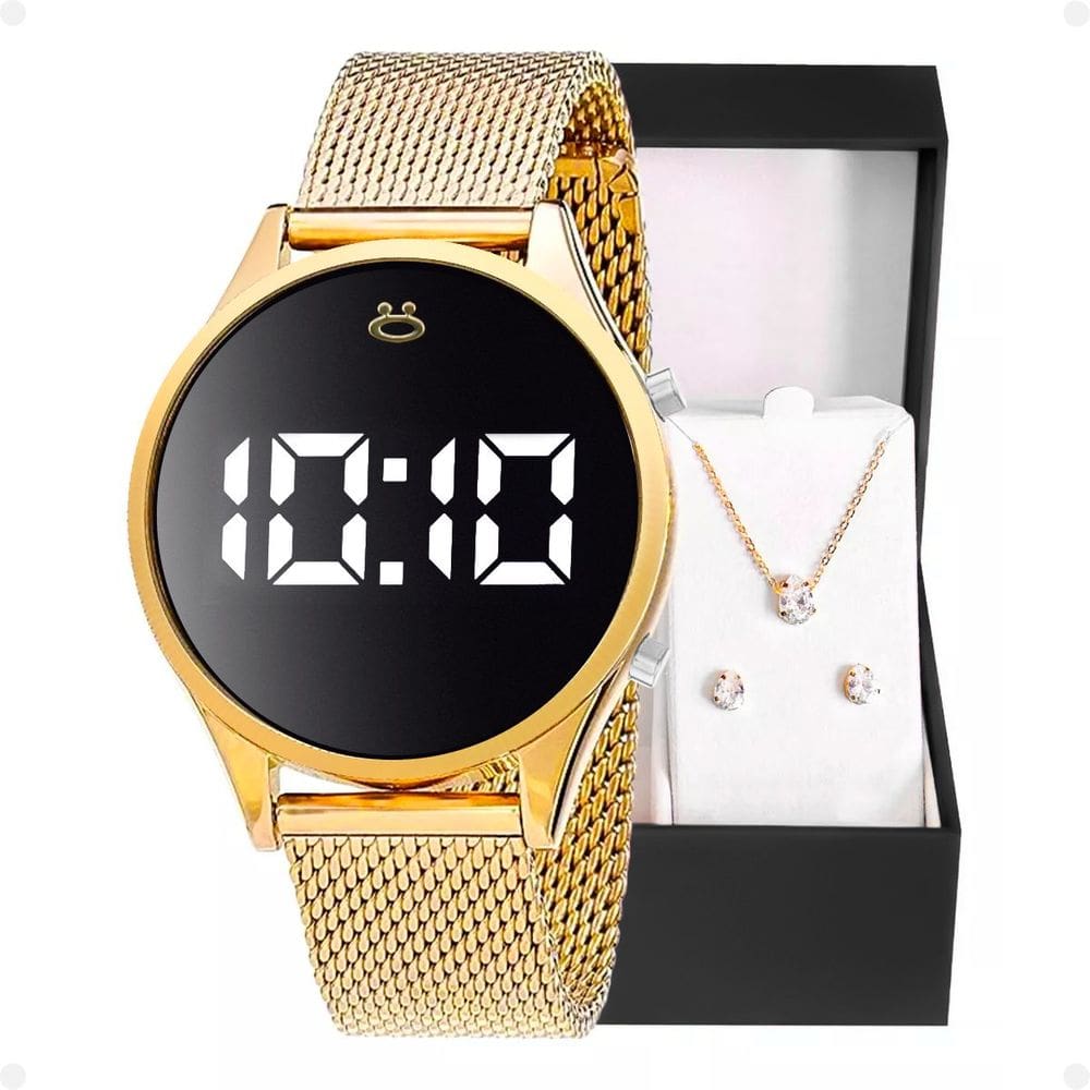relogio feminino digital dourado + colar + caixa moda Casual