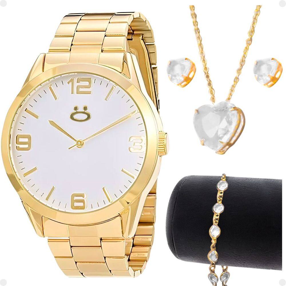 relogio feminino banhado aço inox + colar strass + brincos