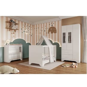 Quarto de Bebê Completo Guarda-roupa e Cômoda com Janelas e Berço 100% Mdf Liam Espresso Móveis Branco Brilho