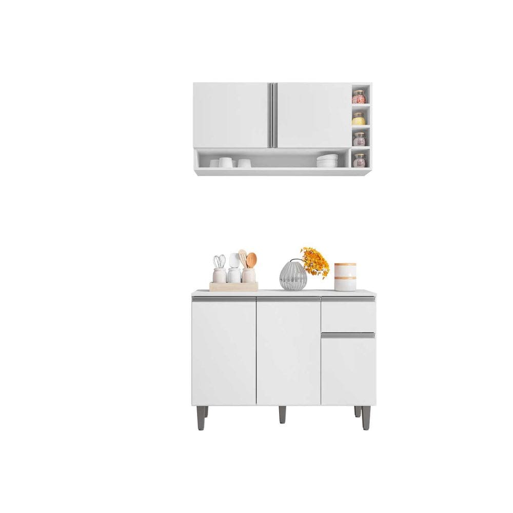 Kit Armario de Cozinha e Balcão Vanessa  de 1,00cm C/ Tampo Branco - Montanaris Decor