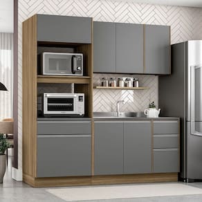 Cozinha Compacta 3 Peças Torre Quente para Fornos Aéreo 3 Portas e Balcão 2 Portas 3 Gavetas Castanho / Cinza
